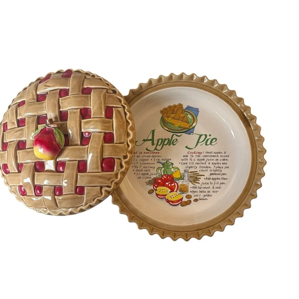Vintage Ceramic Apple Pie Covered Dish Lattice Crust Pie Keeper Kitchen Decor